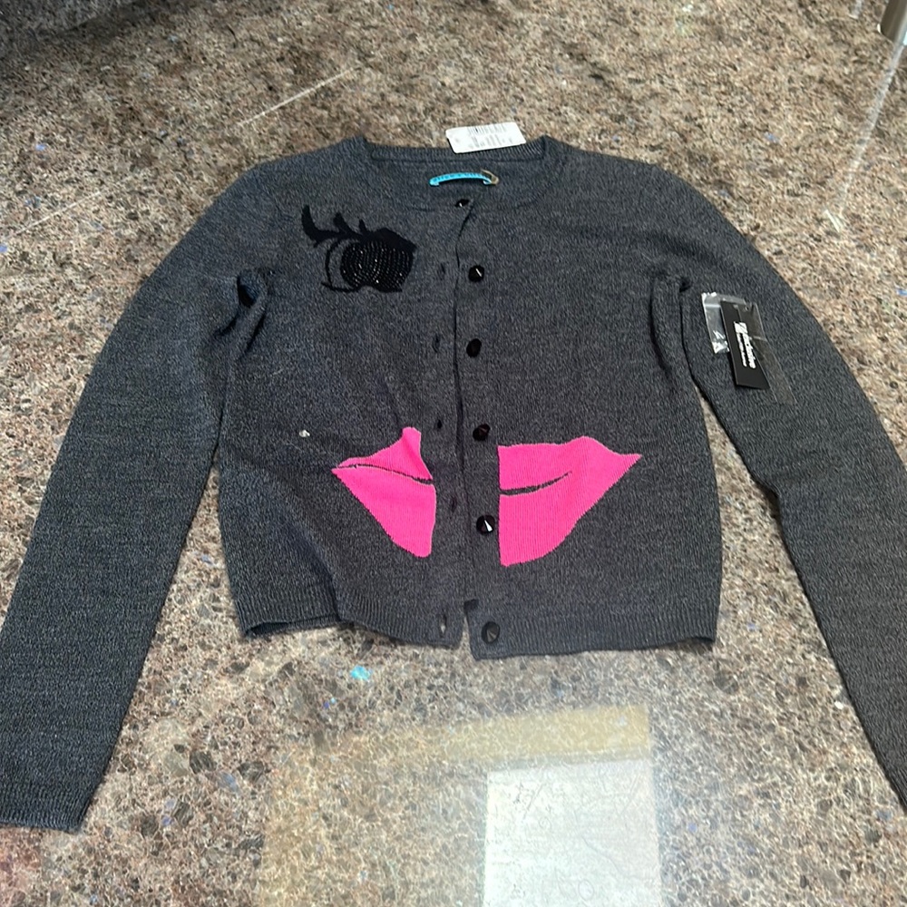 Alice + Olivia grey cardigan Stace face wink pink XS special edition rare